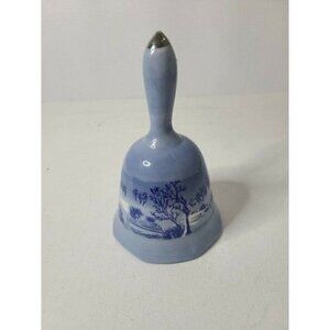 Vintage Lipco Blue Ceramic Porcelain Country Scene Winter Bell Collectible 5.5"
